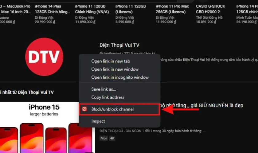 Truy cập vào YouTube và tìm kênh màn mình muốn chặn