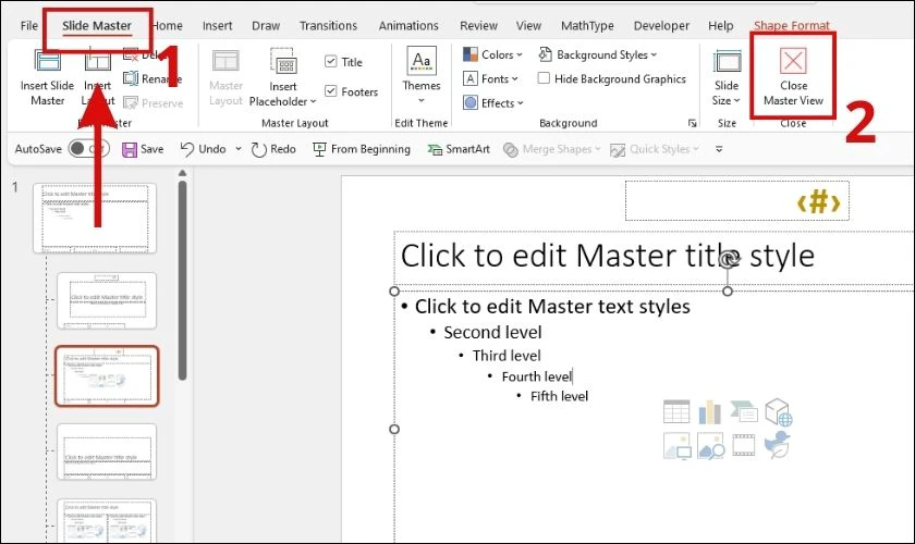 Chọn Close Master View để tắt công cụ Slide Master trong PowerPoint