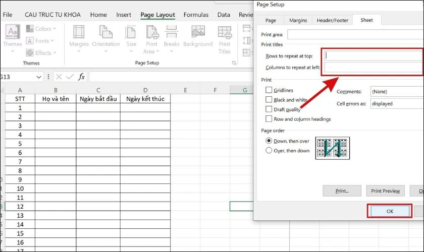 Nhấn ok nhằm chấm dứt quăng quật lặp title bảng nhập Excel