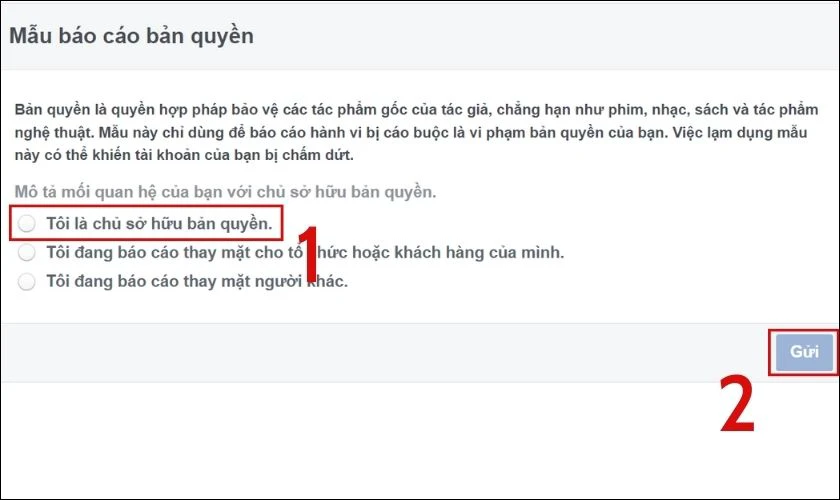 Nhấn chọn tôi là người sở hữu bản quyền