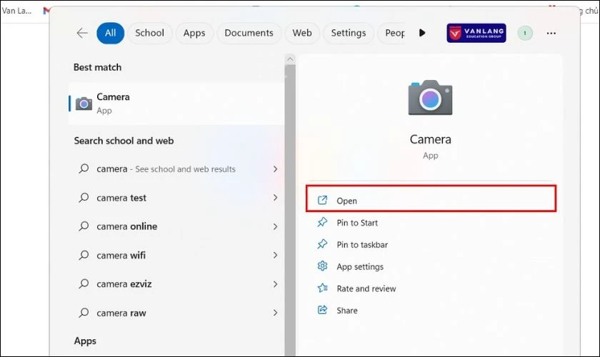 Bạn chọn Open để mở camera trên máy tính