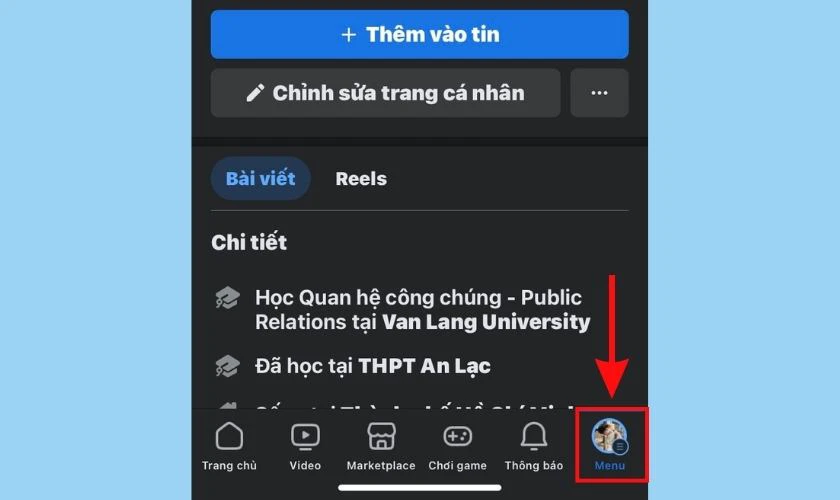 Tìm và nhấn vào mục Menu ở góc phải dưới cùng màn hình