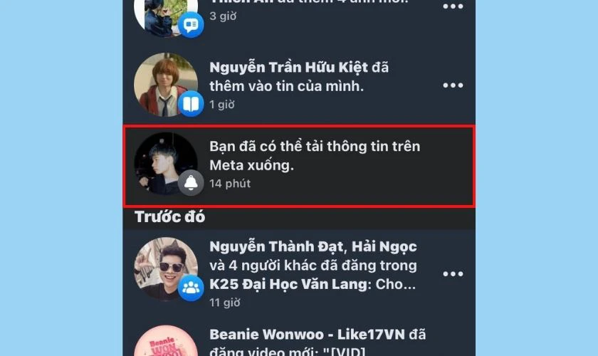 Nhấn chọn vào thông báo Bạn đã có thể tải thông tin trên Meta xuống