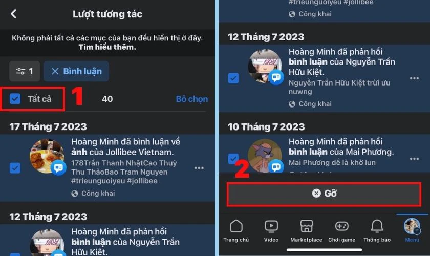 Nhấn dấu tích vào ô Tất cả và nhấn vào nút Gỡ để xóa
