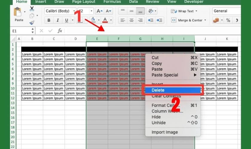 Cách xoát cột trong Excel trên điện thoại 