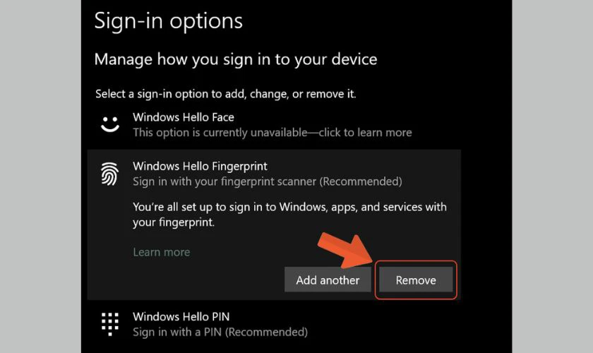 Chọn Remove để xóa vân tay 