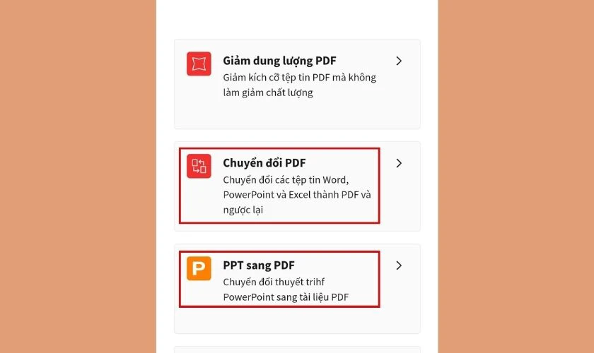 Chọn Chuyển đổi PDF hoặc PPT sang PDF