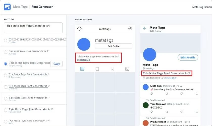 Meta Tags nhiều mẫu đổi font chữ Instagram đẹp