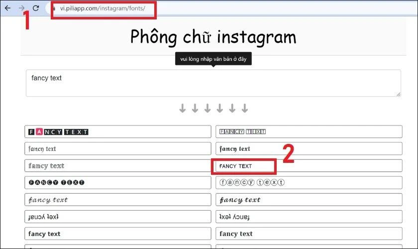 Cách đổi phông chữ trên Instagram online trên Piliapp 