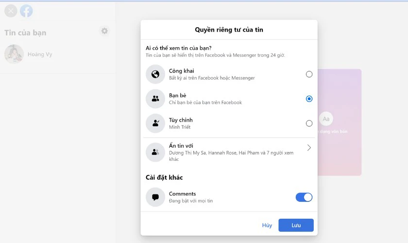 Cách cài đặt đối tượng xem tin Story Facebook