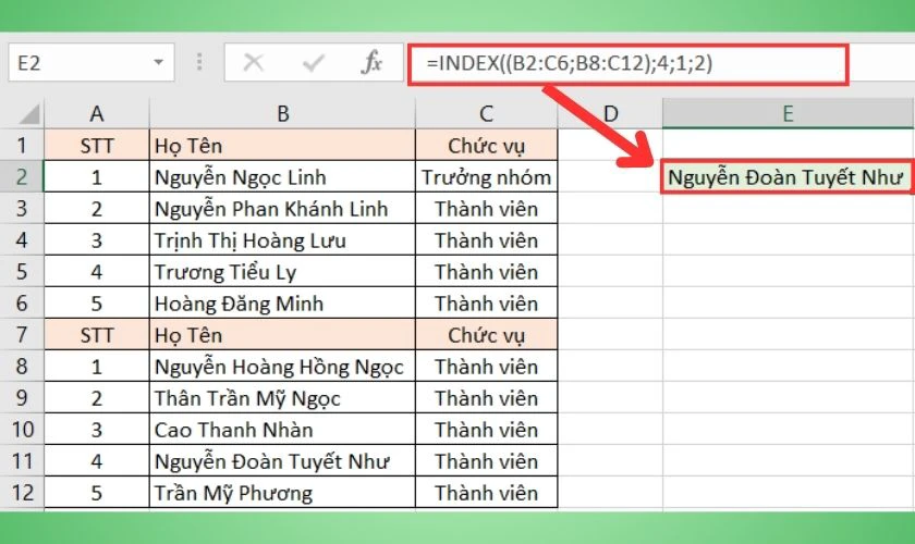 Ví dụ về hàm nâng cao tham chiếu nhiều mảng trong trang tính