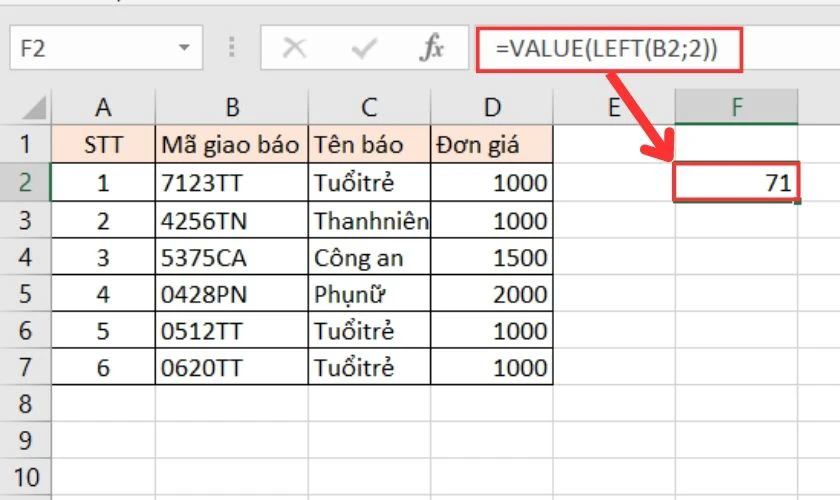 Dùng hàm VALUE và hàm LEFT trong Excel để trả ký tự số 