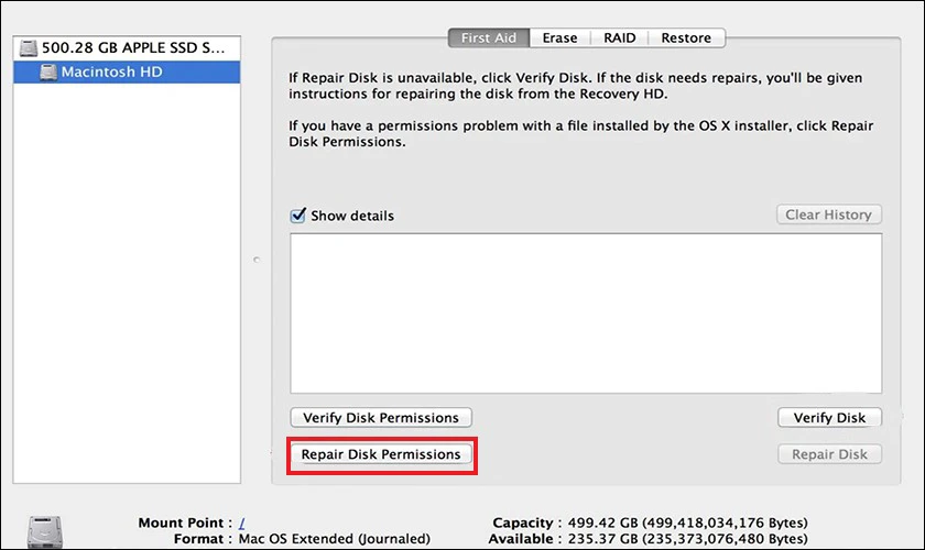Nhấn vào nút Repair Disk Permissions