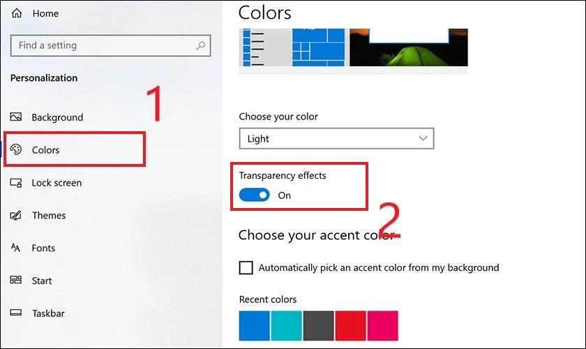 Tìm và mở Colors rồi tắt đi tùy chọn Transparency effects