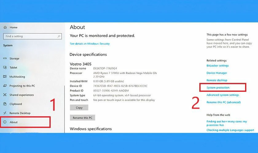 Chọn About và chọn vào mục System Protection
