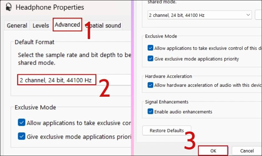 Bạn có thể chọn tần số 24 bit, 44100 Hz hoặc 24 bit, 192000 Hz