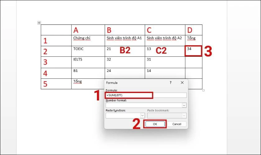 Nhập công thức tính tổng SUM trong Word