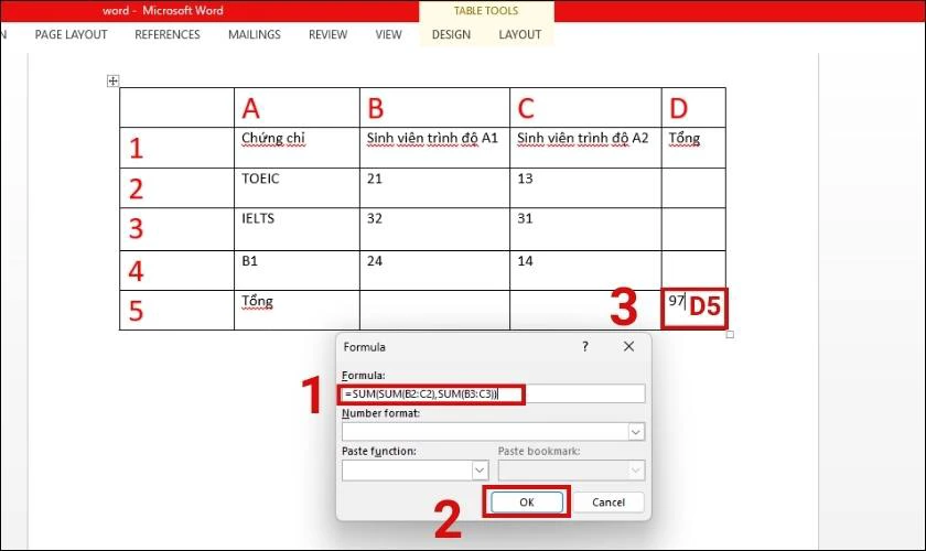 Nhập công thức tính tổng các ô