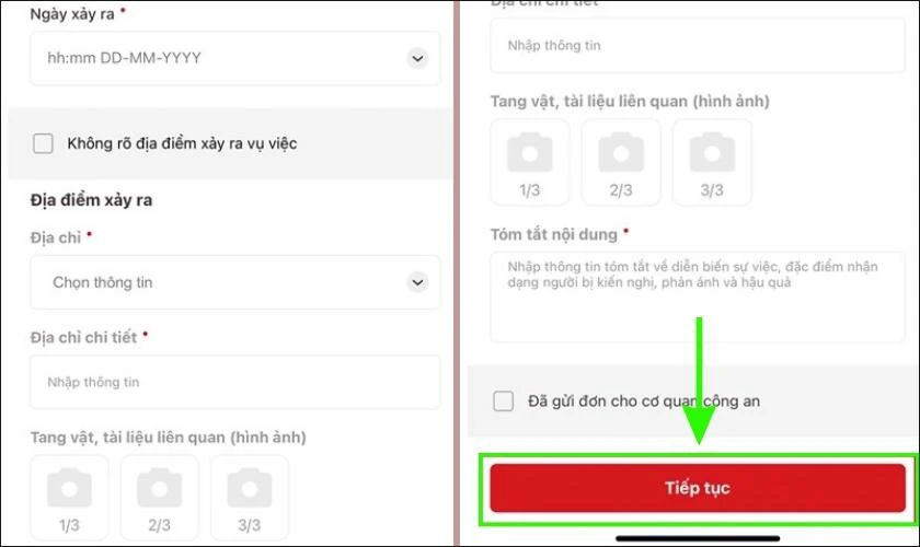 Điền đầy đủ thông tin tố giác trước khi gửi yêu cầu về ANTT