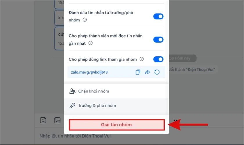 Nhấn vào Giải tán nhóm để xóa nhóm chat Zalo trên máy tính