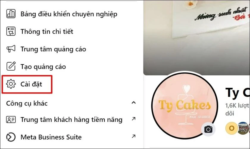 Chọn mục Cài đặt tại trang Quản lý trang Fanpage FB
