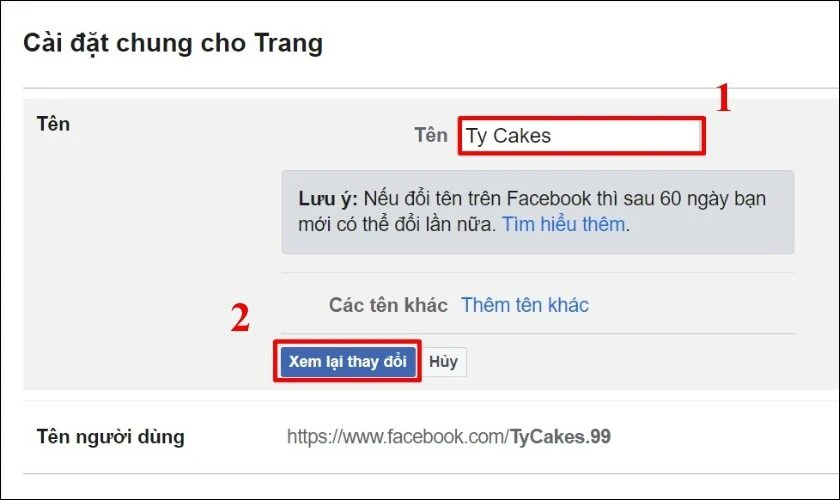 Nhập tên mới mà bạn muốn đổi tên Fanpage FB