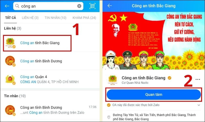 Chọn vào Zalo Công an tại khu vực của bạn và chọn Quan tâm