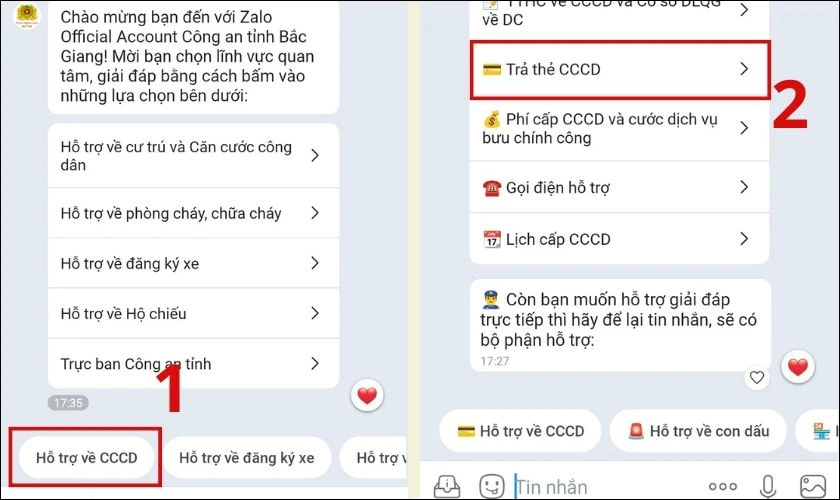 Chọn Hỗ trợ về CCCD và chọn tiếp Trả thẻ CCCD