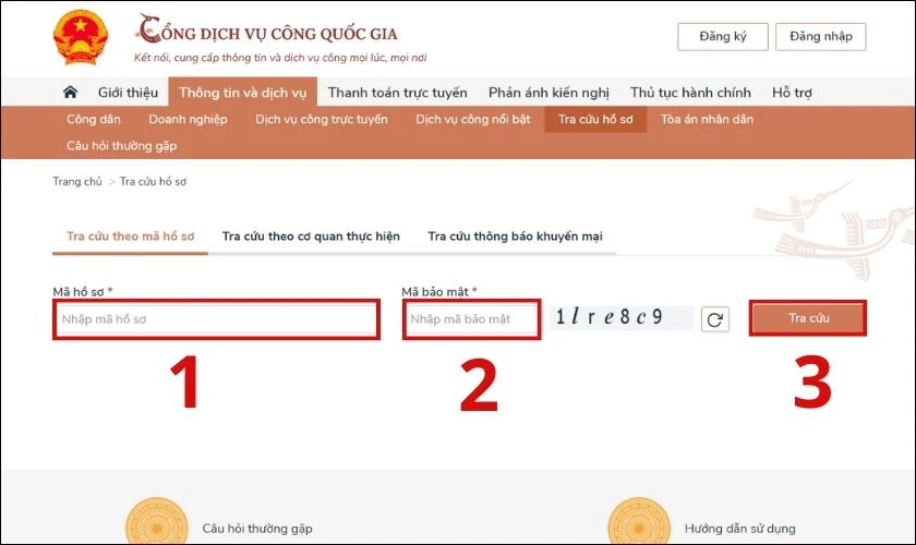 Nhập Mã hồ sơ và Mã bảo mật