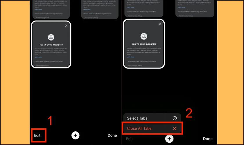 Nhấn Close All Tabs để đóng các tab ẩn danh