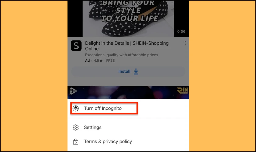 Nhấp chọn Turn off Incognito trên YouTube