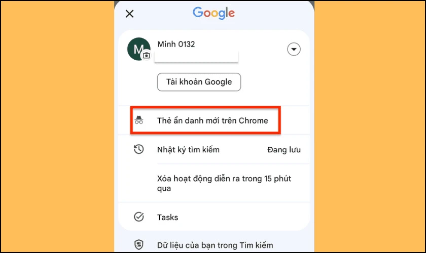 Chọn mở Thẻ Ẩn danh mới trên điện thoại Android