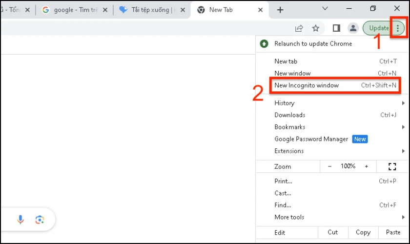 Chọn Cửa sổ Ẩn danh mới trên Chrome máy tính Windows