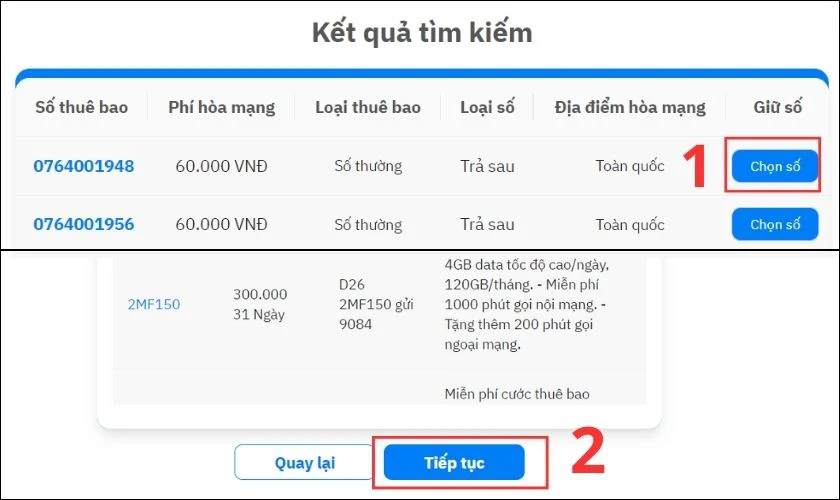 Nhấn v&agrave;o Chọn số tại thu&ecirc; bao bạn muốn mua