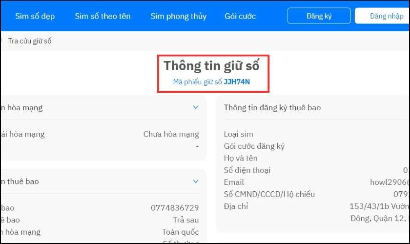 M&agrave;n h&igrave;nh sẽ hiển thị M&atilde; phiếu giữ số