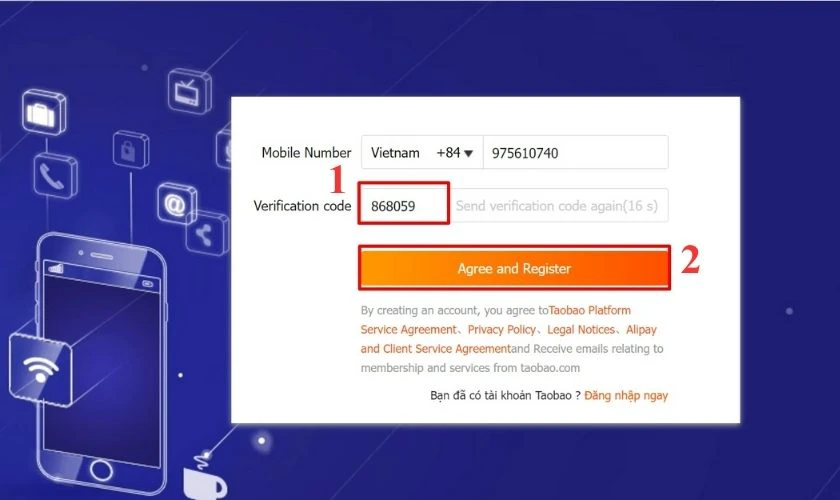Nhập m&atilde; x&aacute;c minh v&agrave; nhấn Agree and Register