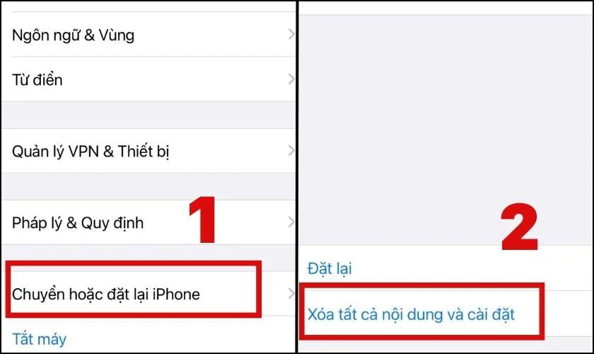 Chọn X&oacute;a tất cả nội dung v&agrave; c&agrave;i đặt
