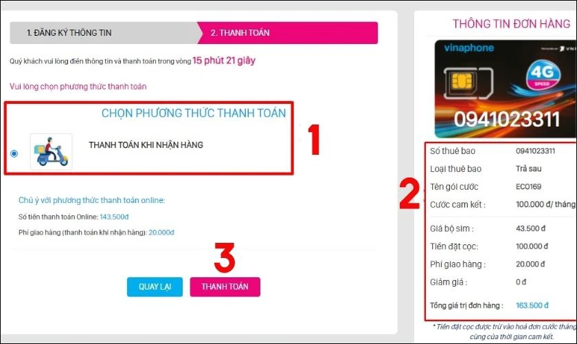 Chọn phương thức thanh toán, sau đó kiểm tra lại đơn hàng lần nữa, chọn THANH TOÁN