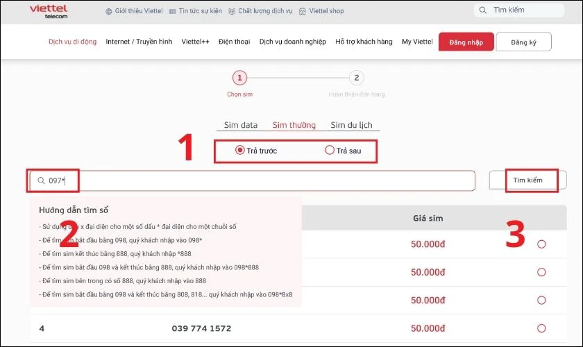 Bạn nhập v&agrave;o &ocirc; t&igrave;m kiếm 097* rồi chọn T&igrave;m kiếm