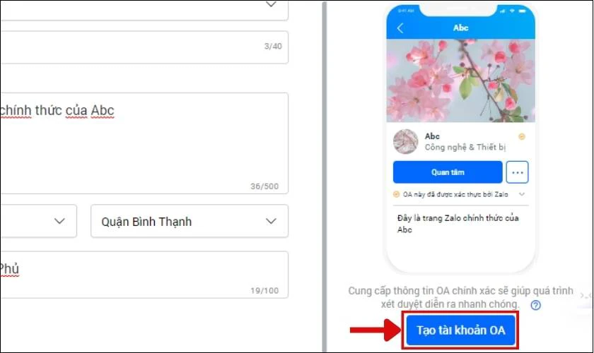 Bấm n&uacute;t Tạo t&agrave;i khoản OA