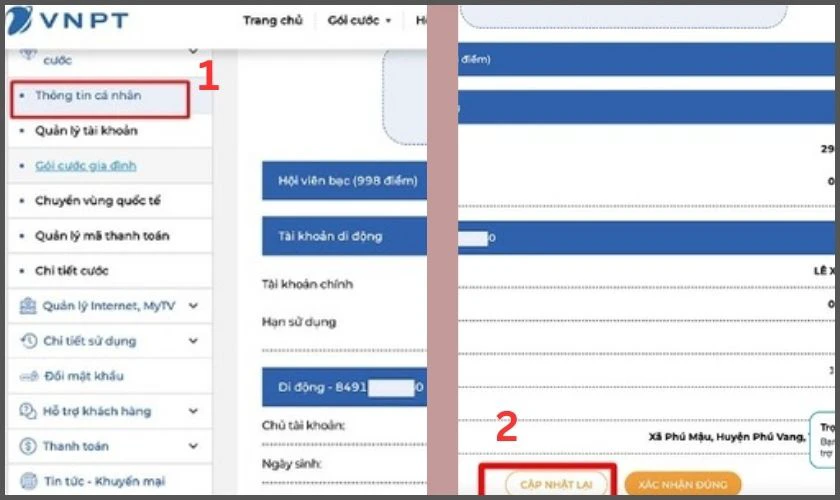 Chọn Th&ocirc;ng tin c&aacute; nh&acirc;n, nhập c&aacute;c dữ liệu th&ocirc;ng tin v&agrave; ấn X&aacute;c nhận lại