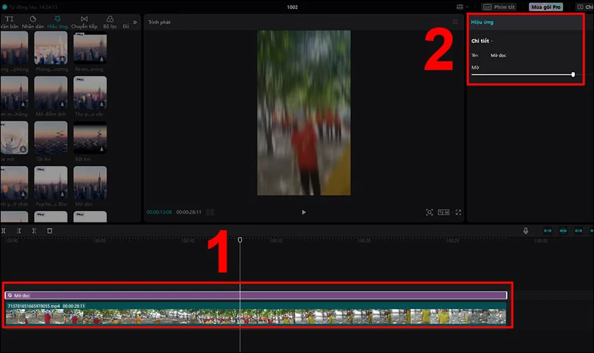 K&eacute;o thanh hiệu ứng từ đầu đến cuối video v&agrave; t&ugrave;y chỉnh độ mờ