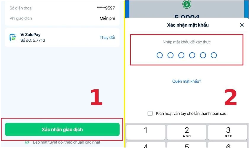 Nhấn chọn X&aacute;c nhận giao dịch v&agrave; nhập mật khẩu của ứng dụng