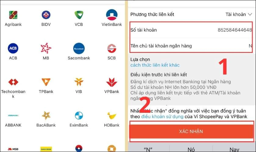 Chọn ng&acirc;n h&agrave;ng muốn li&ecirc;n kết v&agrave; nhập th&ocirc;ng tin t&agrave;i khoản