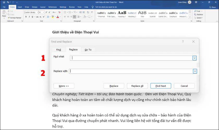 Tại mục Find what bạn nhập khoảng trắng 2 lần