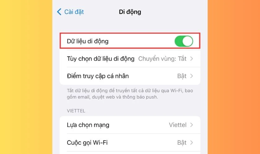 Bật n&uacute;t xanh mục Dữ liệu di động l&ecirc;n
