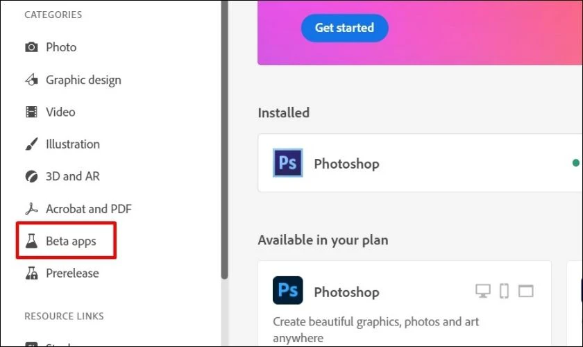 Chọn Beta apps ở thanh c&ocirc;ng cụ b&ecirc;n tr&aacute;i