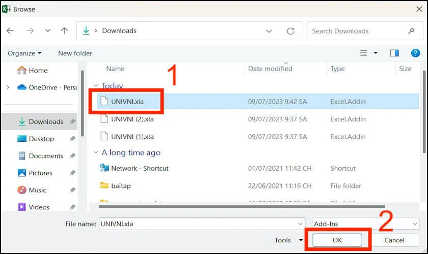 Nhấp vào file UNIVNI để chuyển đổi từ dạng số thành dạng chữ trong Excel