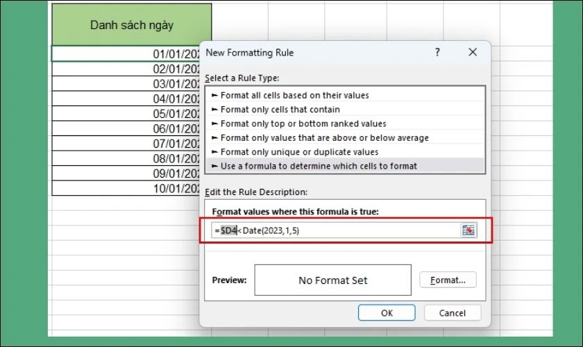 Nhập công thức hàm Date để định dạng màu trong Excel
