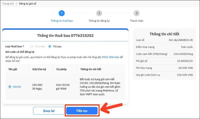 Kiểm tra th&ocirc;ng tin thu&ecirc; bao v&agrave; nhấn Tiếp tục